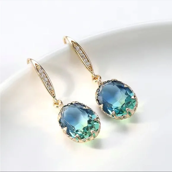 New Bright Oval Gemstone Pendant Temperament Tourmaline Earrings - Picture 6 of 8